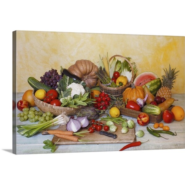 "Assorted vegetables and fruits on table" Canvas Wall Art Overstock
